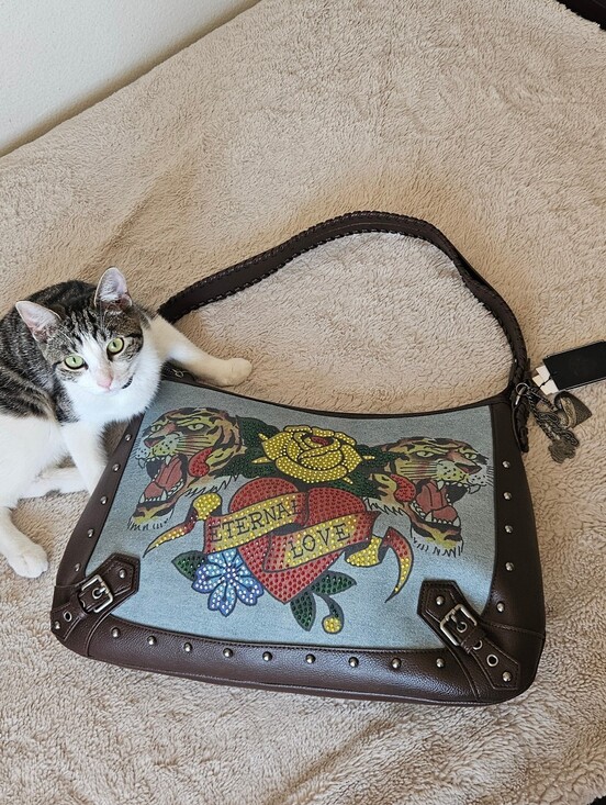 Ed Hardy Handbags - Ed Hardy Vintage Brown Graphic Shoulder Bag Rhinestones Floral & Tiger Motif